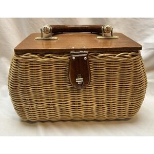 VTG Picnic Basket Suitcase Style Purse Wood Top & Handle 50s 60s Tiki Rockabilly